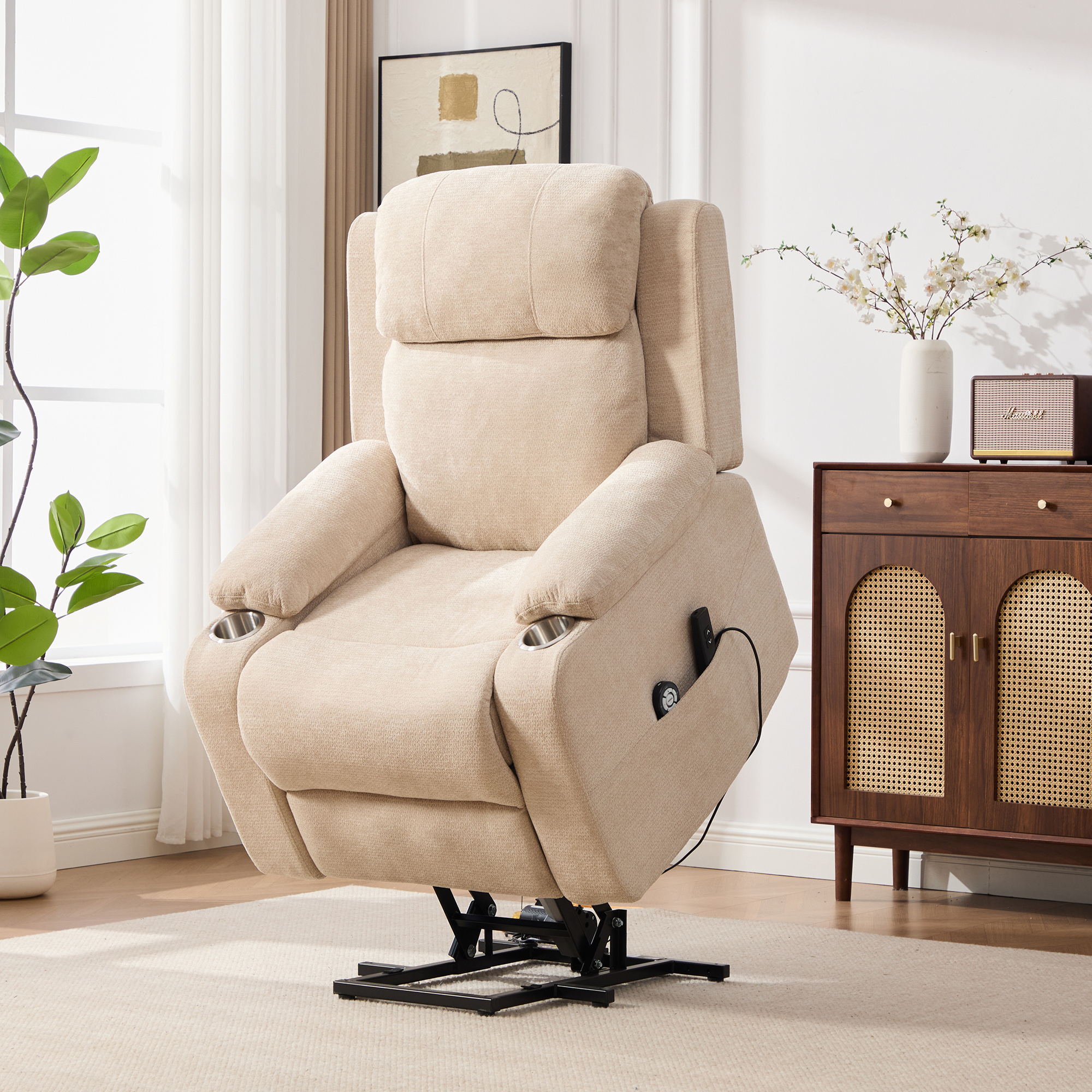 Image of Multifunctional Recliner With Lift Assistance, Adjustable Backrest And Footrest, Side Storage Pockets And Cup Holder. Light Khaki