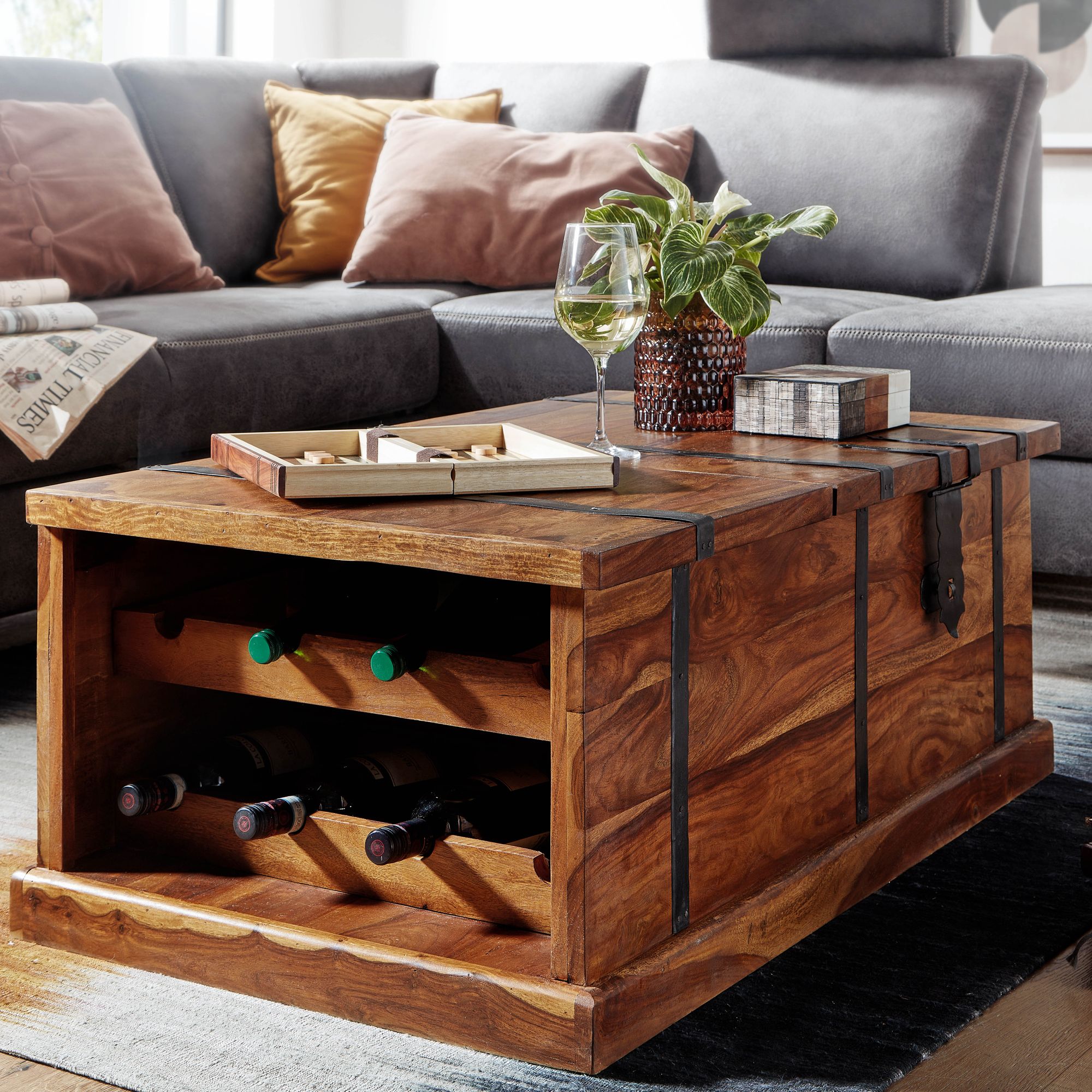Image of Coffee Table 100x60x40 Cm Solid Wood Trunk Table With Wine Rack, Design Living Room Table With Storage Space, Modern Sofa Table, Wooden Table Living Room