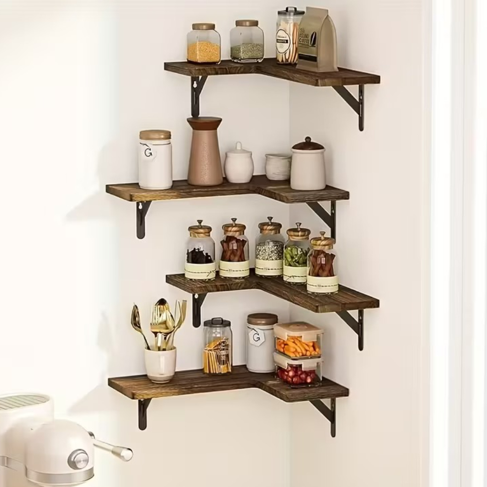 TEMU 4pcs Rustic Kitchen Spice Rack Wooden Wall Mounted Corner Storage Shelf L-shaped Floating Shelves Cabinet Organizer Versatile Crafts Plants