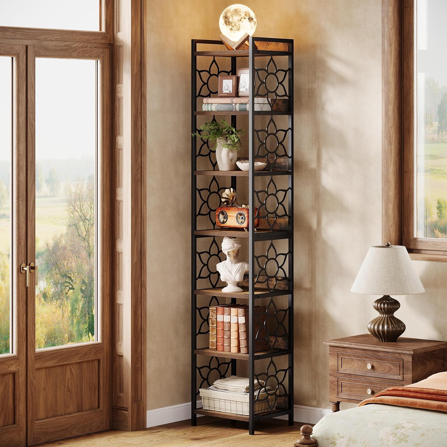 Image of Industrial 7-tier Corner Shelf, 200cm Extra Tall Corner Bookshelf, Vintage Narrow Bookcase, Wooden Corner Shelf Stand With Metal Frame For Living Room, Home, Office