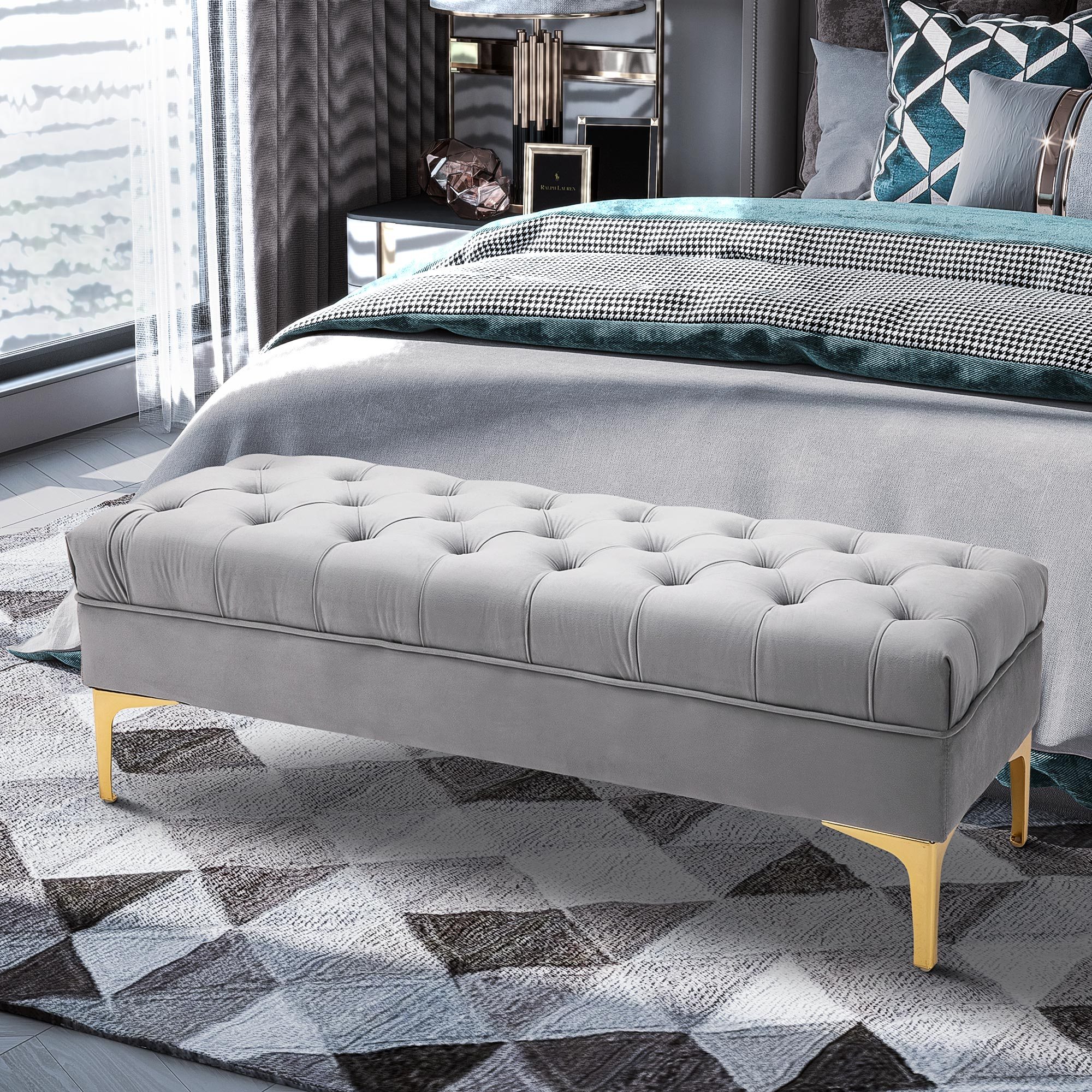 Ottoman Upholstered Bench With Velvet Cover, Bed Bench With Metal Frame, Shoe Bench For Bedroom, Living Room, Hallway 118 X 45 X 42 Grey