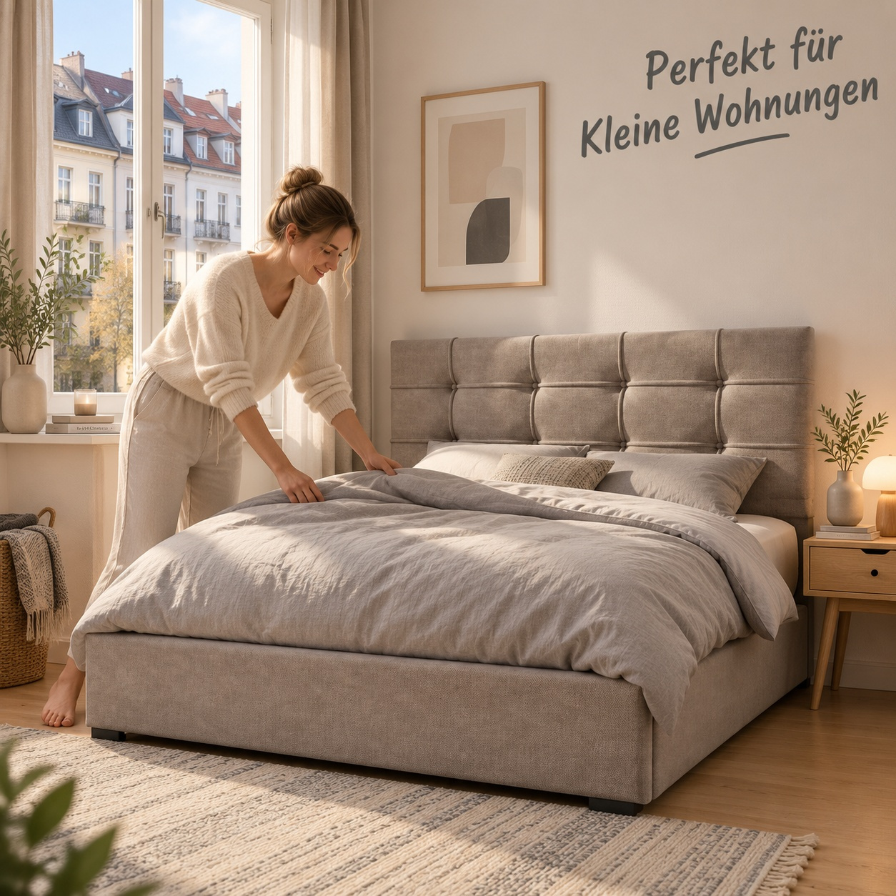 Image of Height-adjustable Upholstered Bed 140x200cm, Hydraulic Storage Space, Velvet With Quilting, Tufted Look, 360kg Load Capacity, For Bedrooms, Guest Rooms, Apartments