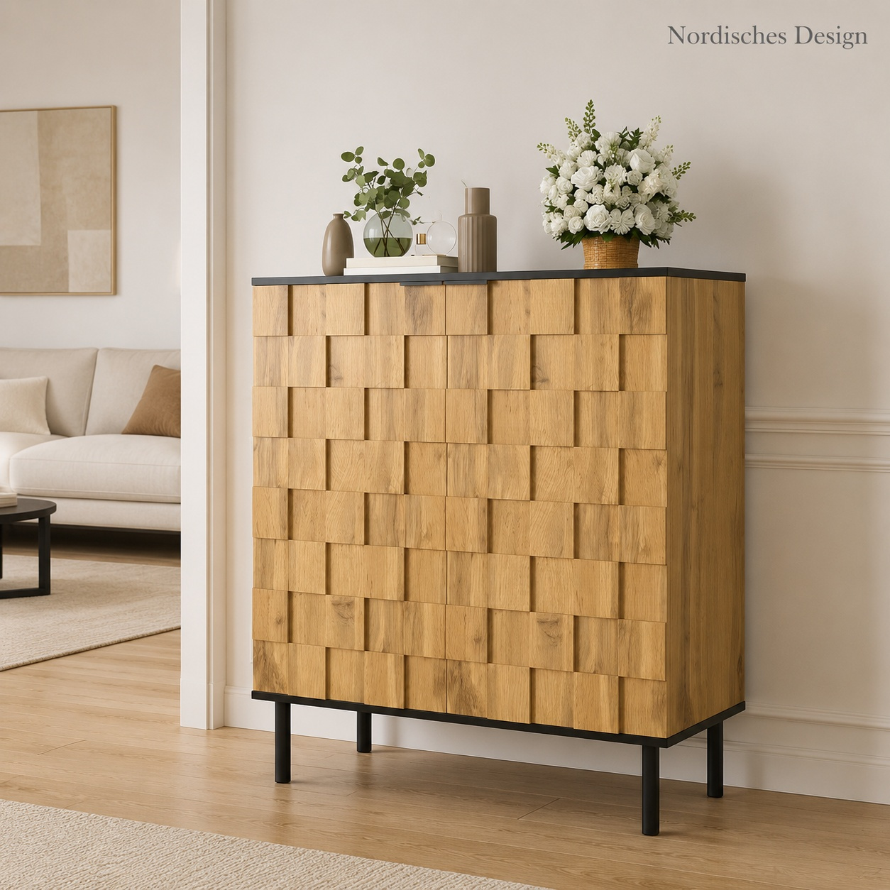 Image of Nordic-style Storage Cabinet With Mosaic Design Wood Grain, 2-door Storage Cabinet With 4 Adjustable Shelves, For Hallway Living Room Kitchen
