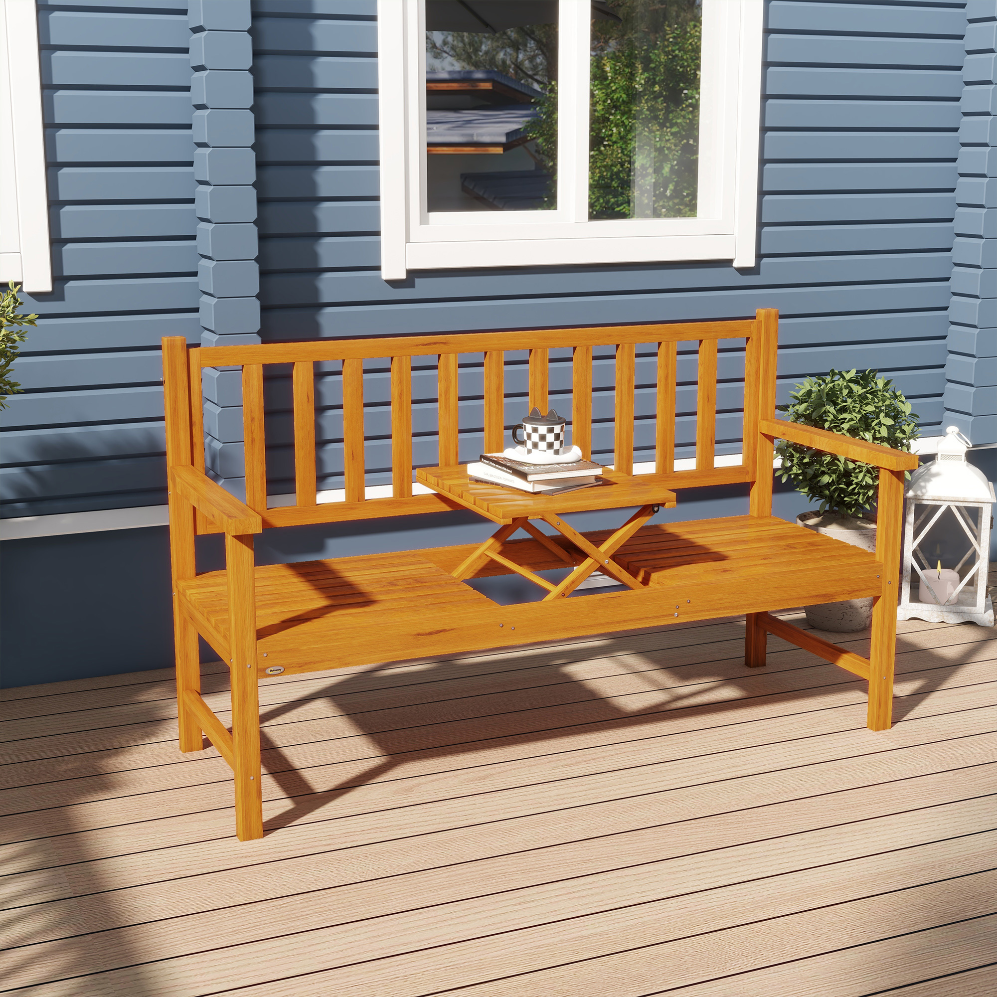 Image of Garden Bench 3-seater, Bench With Table, Park Bench With Armrest, Wooden Bench Up To 280 Kg Load Capacity, For Balcony, Terrace, Light Brown, 153 X 56 X 91 Cm