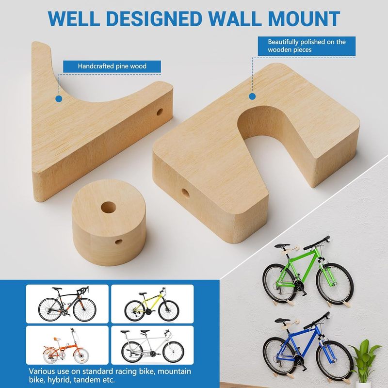 Wooden Bicycle Wall Mount with 50 kg Load Capacity for Road Bike, Mountain Bike, Hybrid, Tandem - Stylish Home Storage Solution