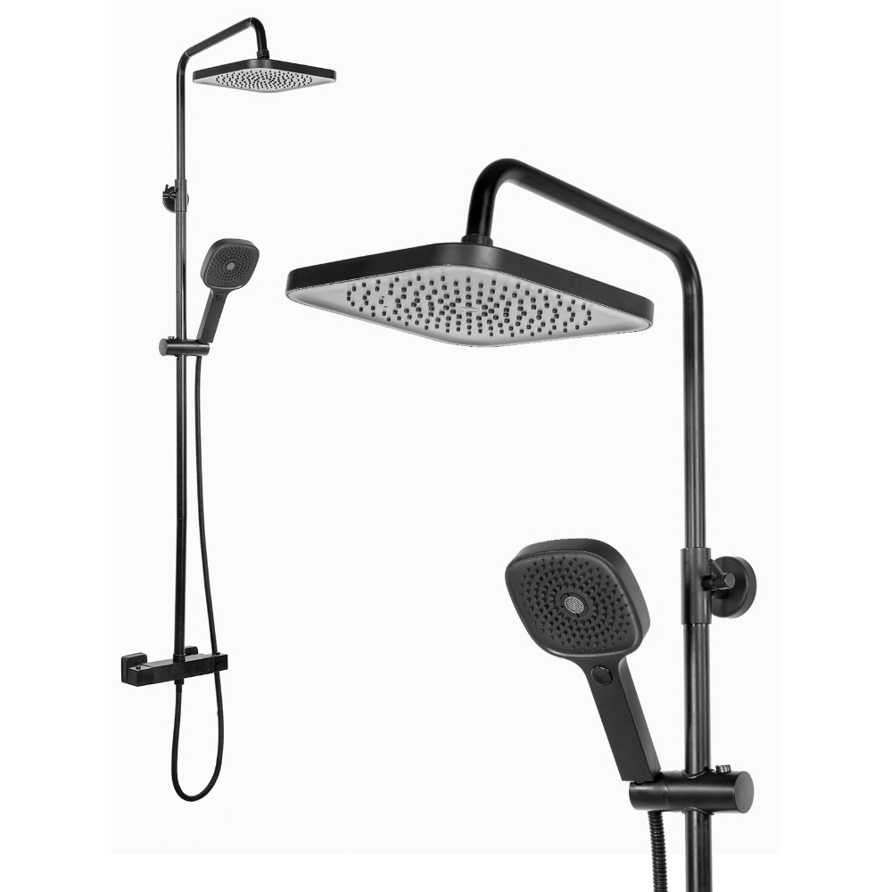 Image of Shower System With Thermostat, Shower Faucet Complete Set With Rain Shower Hand Shower, Adjustable Shower Rod Overhead Shower