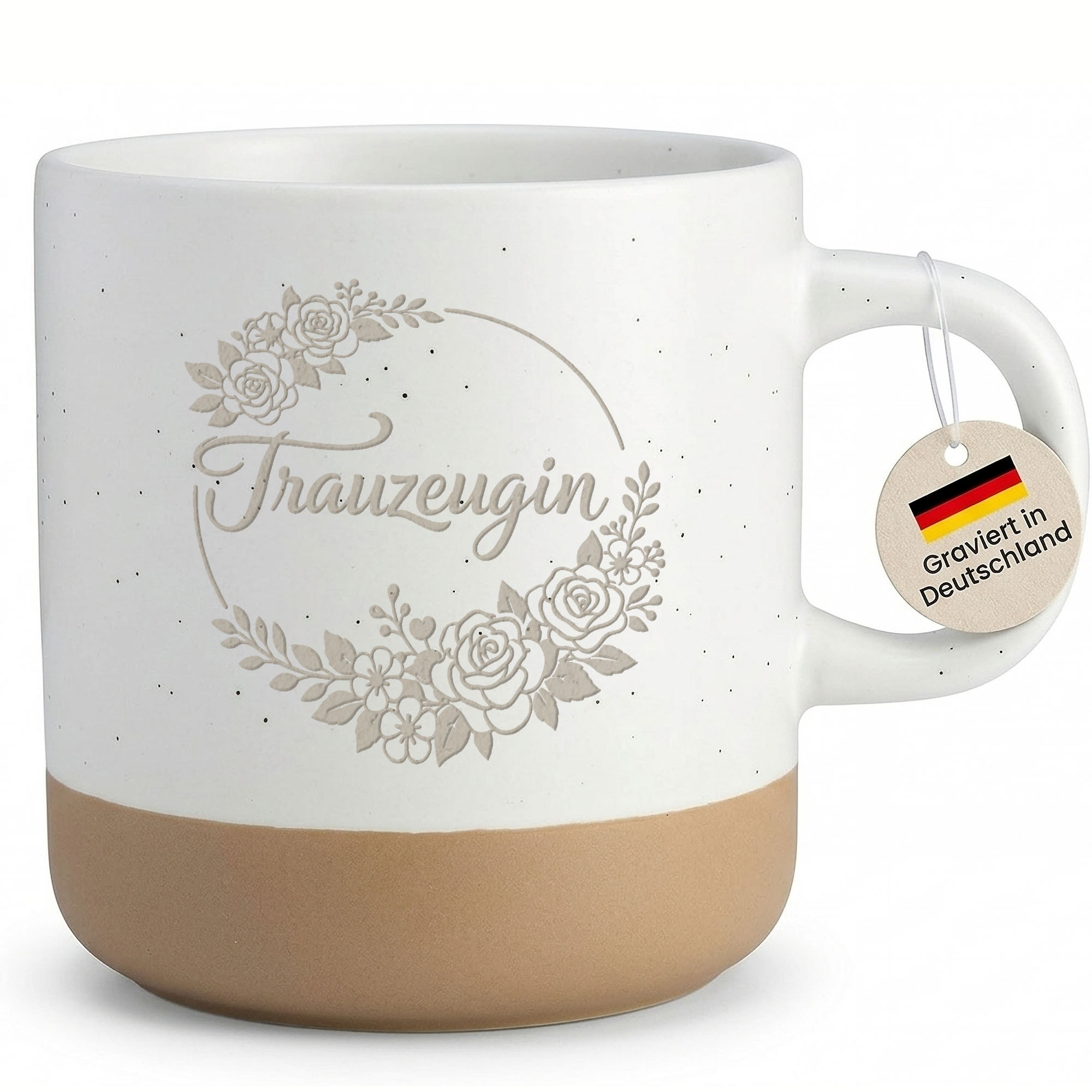 Image of Engraved Coffee Mug For Maid Of Honor - Wedding, Bachelorette Party, Bridal Shower Gift Idea - Stoneware Cup With Floral Wreath Design, Right Handle
