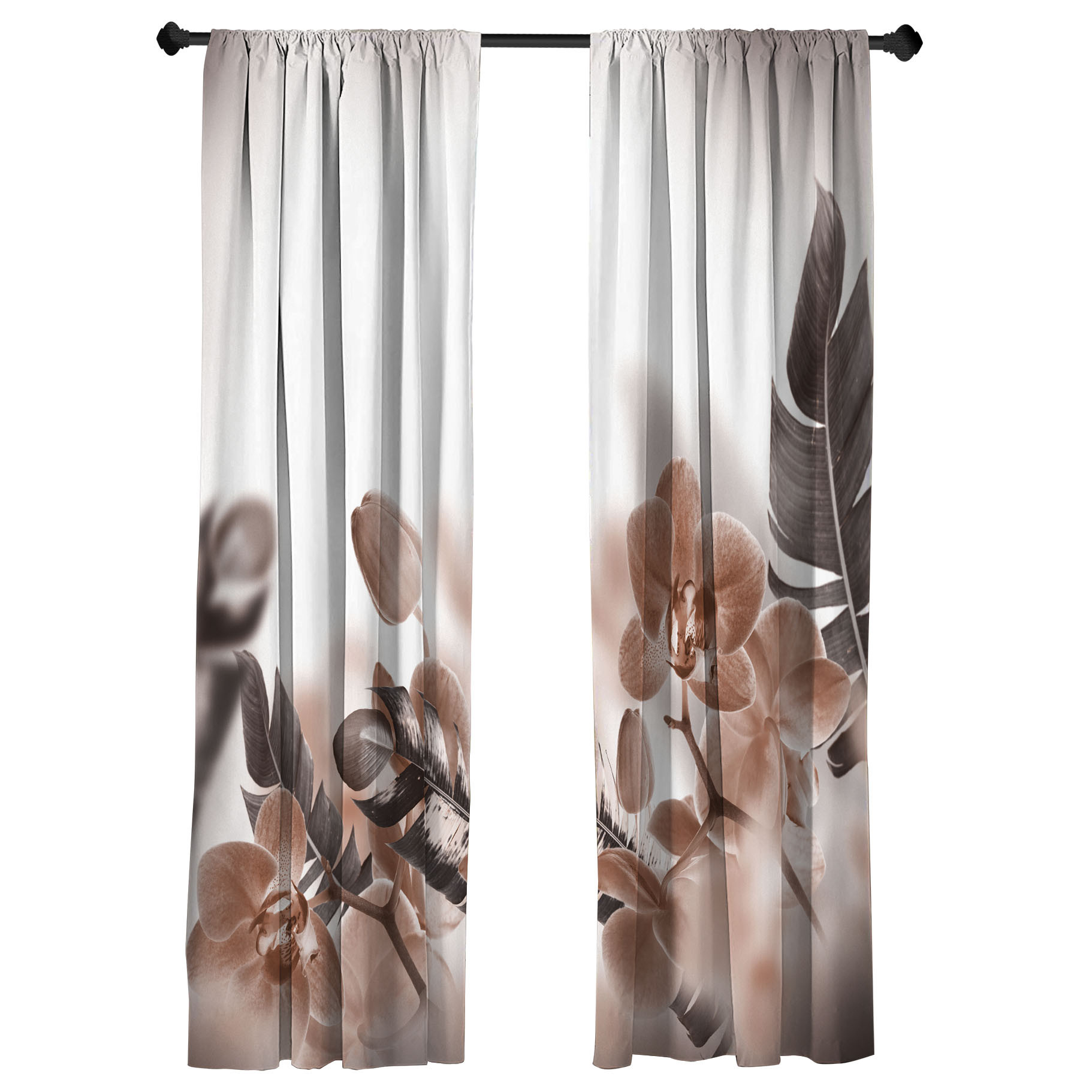 Tropical Window Curtains, Blooming Orchid Leaves, Lightweight Decorative 2-panel Set With Rod Pocket, 2 Pieces 150 Cm X 175 Cm, Light Brown