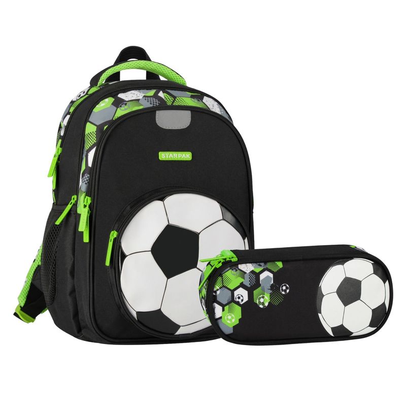 Green School Backpack "football" With Soccer Motif + Feather Case "football "