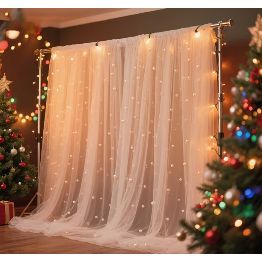 TEMU 3pcs Set -embellished Tulle Rod Pocket Photography Backdrop, Suitable For Weddings, Bridal Showers, Banquet Photography Backgrounds, Bridal
