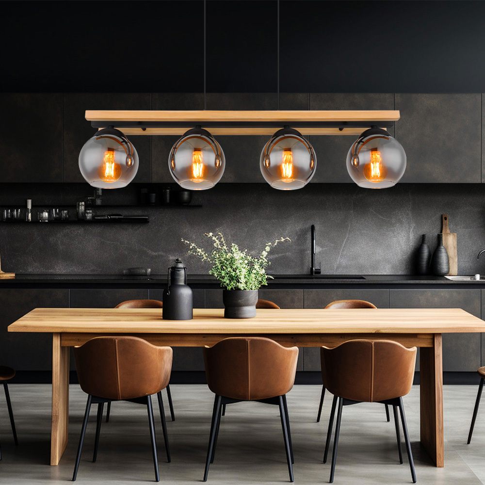 Image of Wood-look Pendant Light, Farmhouse Dining Room Chandelier, 4-light, Black Metal, 4x E27 Sockets, Lxwxh: 85x15x120 Cm