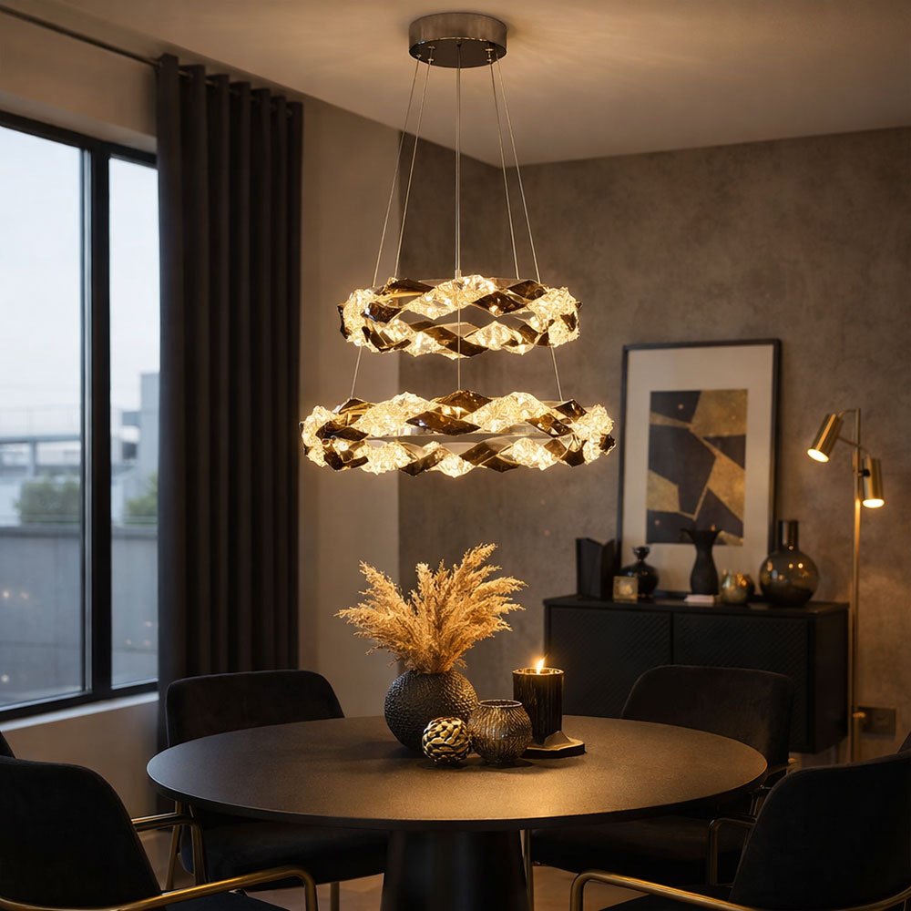 Image of Led Hanging Lamp, Height Adjustable Dining Table Light, Living Room Pendant Lamp With Smoke Clear Crystals, 50w 1300lm Neutral White, Dxh 55 X 130 Cm, Model 67318h2