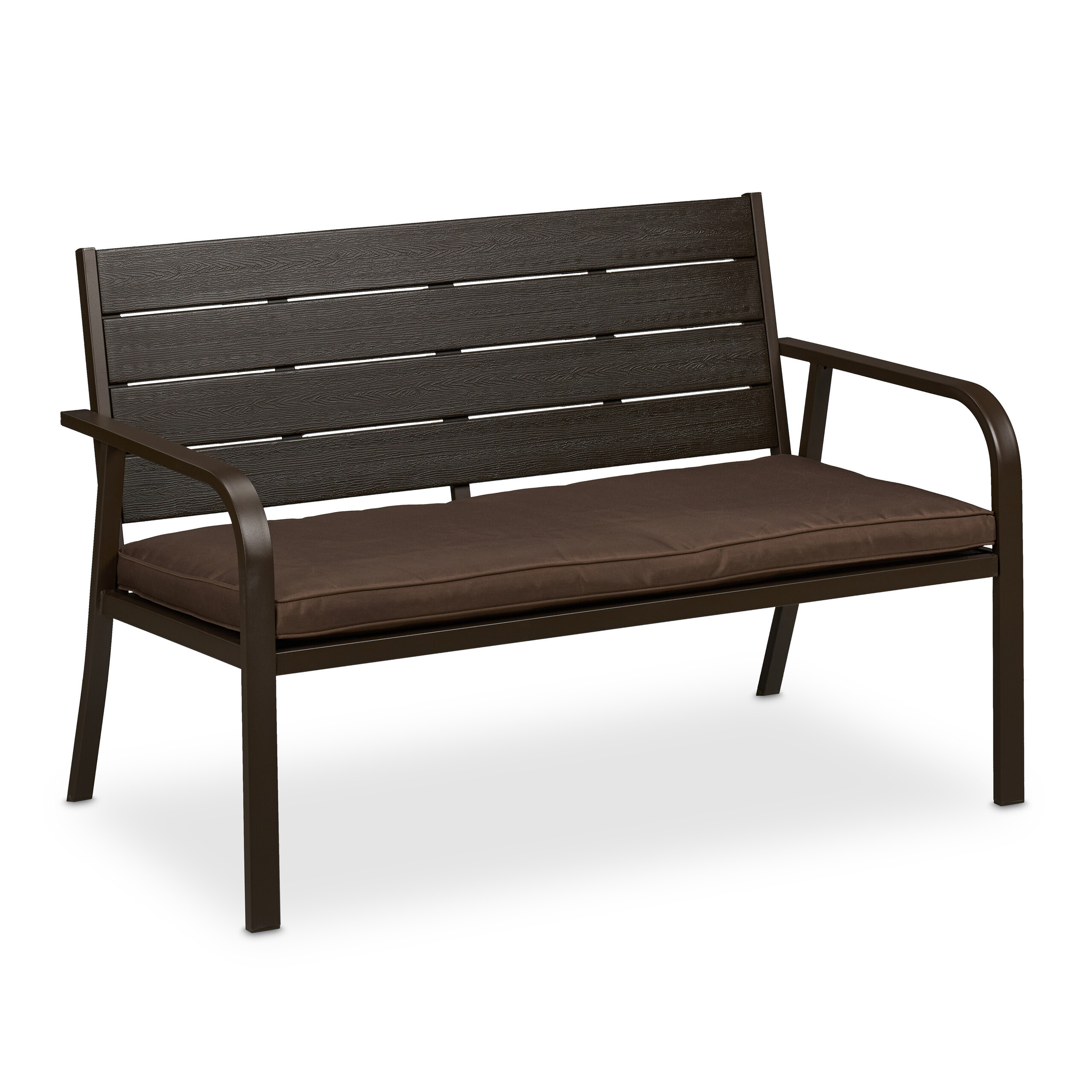 TEMU Panca da giardino con cuscino, 2 , 78 x 118 cm, seduta 110 x 50 cm, altezza seduta 43 cm, plastica e acciaio, marrone, per giardino, balcone e