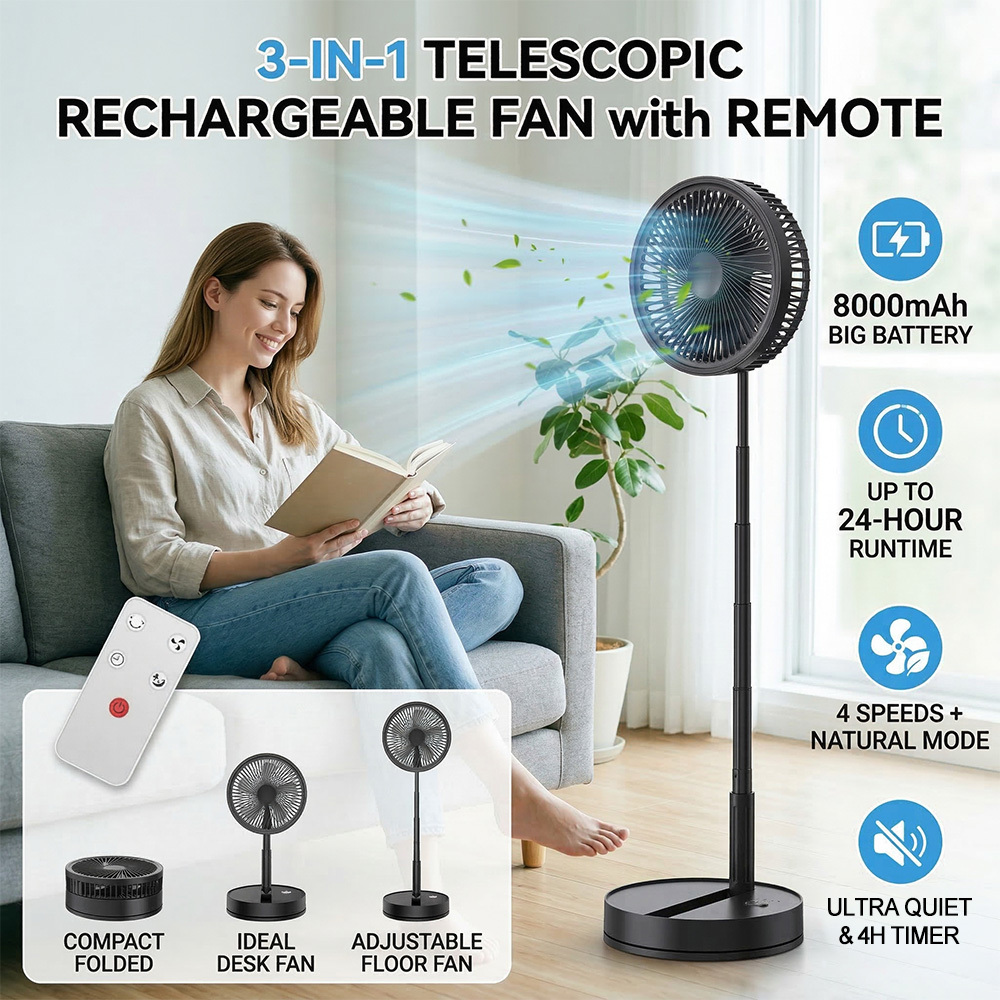 TEMU Ventilateur oscillant de table et de sol de 8 pouces avec télécommande, ventilateur de voyage portable et pliable pour voyage air et camping,