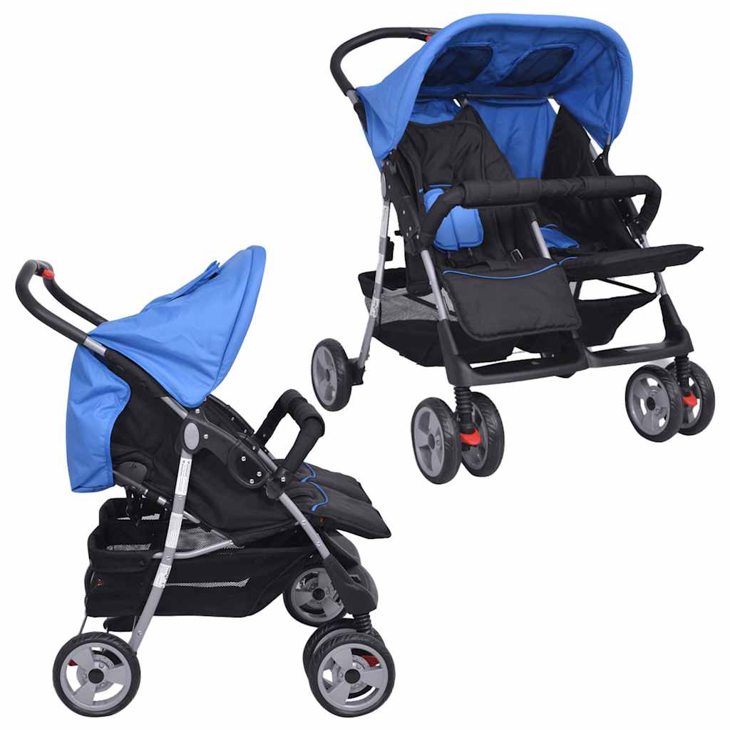 Dubbel Stalen Kinderwagen in Blauw en Zwart - Opvouwbaar