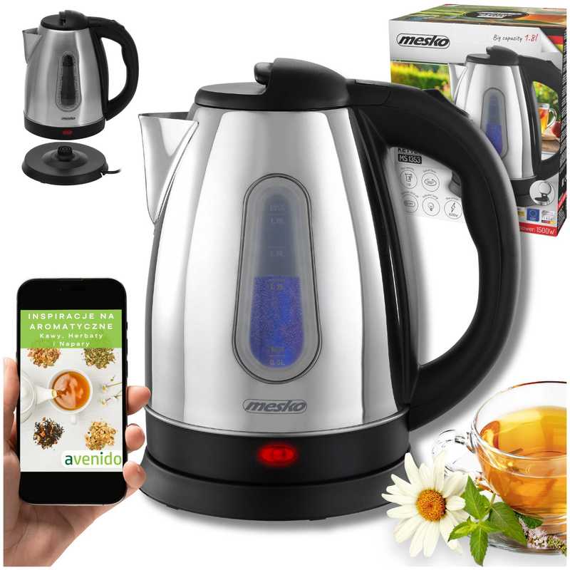 Waterkoker 1,8L, roterende platte , roestvrijstalen verwarmingselement, waterniveau-indicator met schaalverdeling