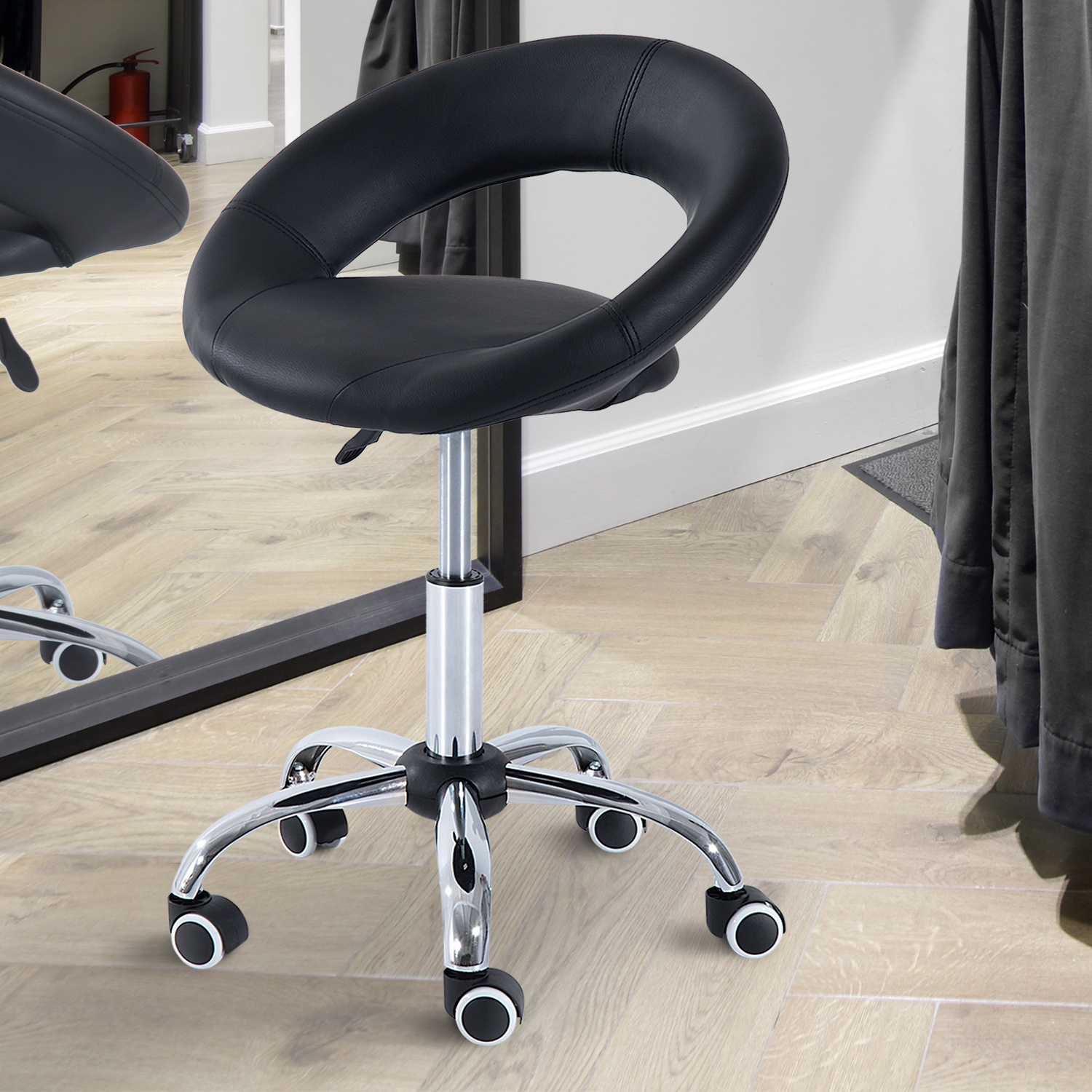Roller Stool Office Stool Swivel Stool Office Chair Height Adjustable, Pu+metal, Black, 50 X 54 X (66-78) Cm