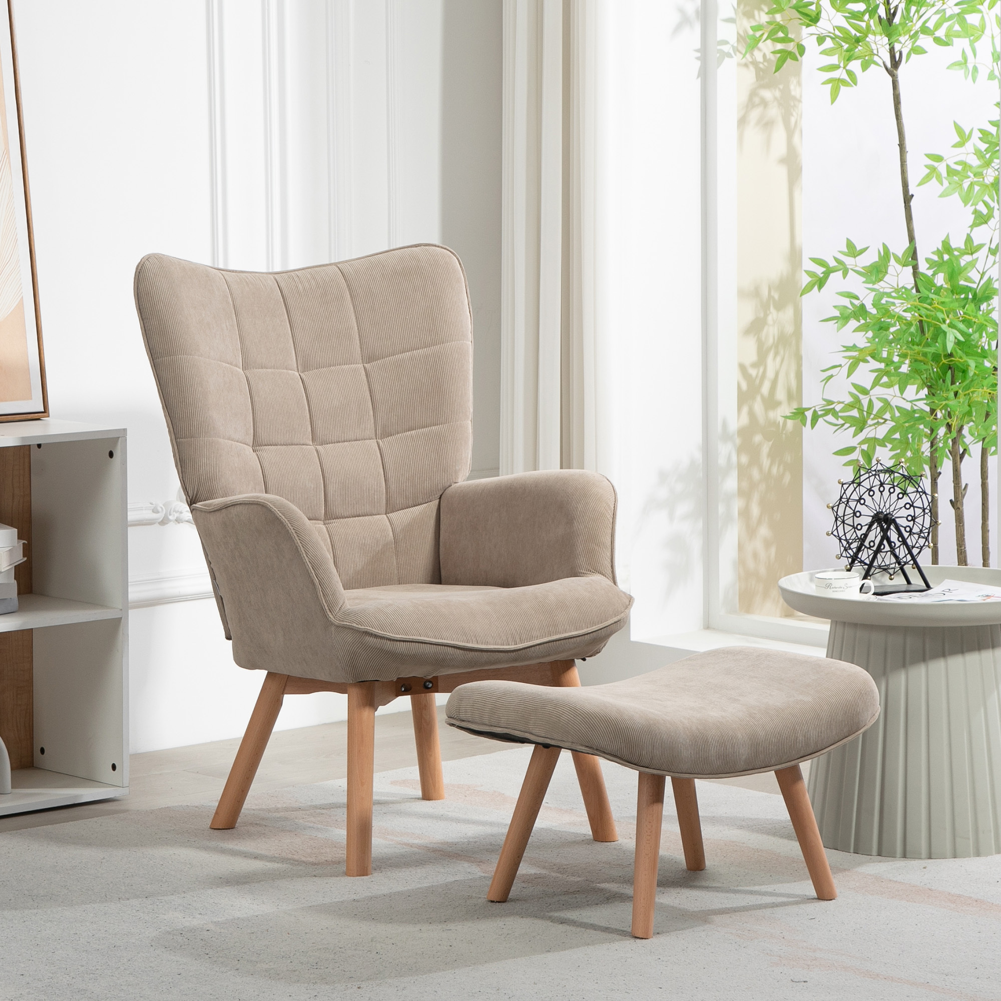 Image of Armchair With Stool, Recliner, Upholstered Chair In Cord Look, Lounge Chair, Armchair With Wooden Legs, Tv Chair For Living Room, Brown
