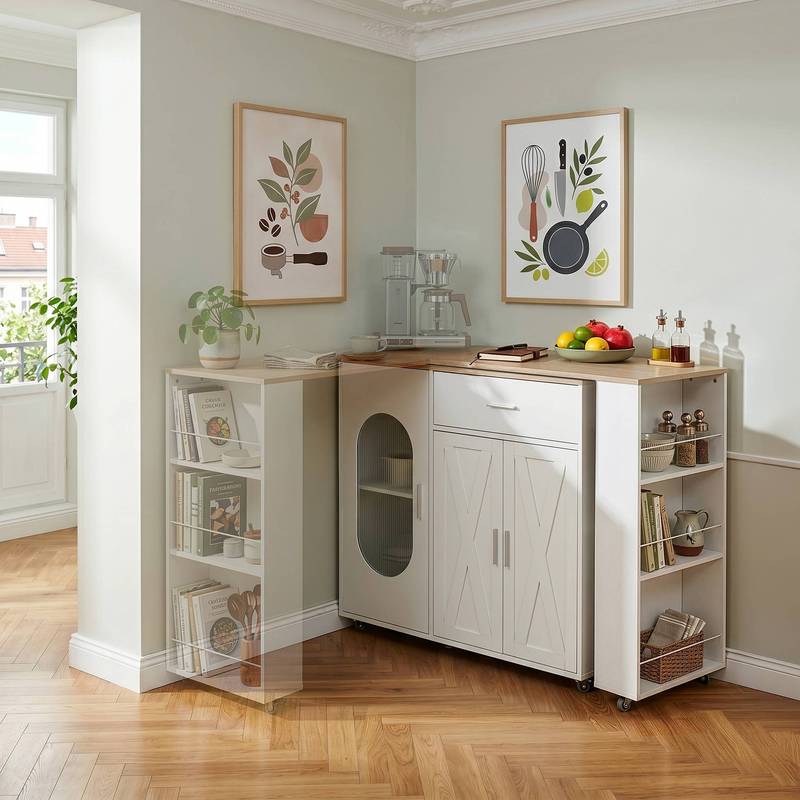 Image of Pull-out Kudebola 115 X 40 X 94 Cm With Rotating Table Top, Rollable, Oak Optic/white