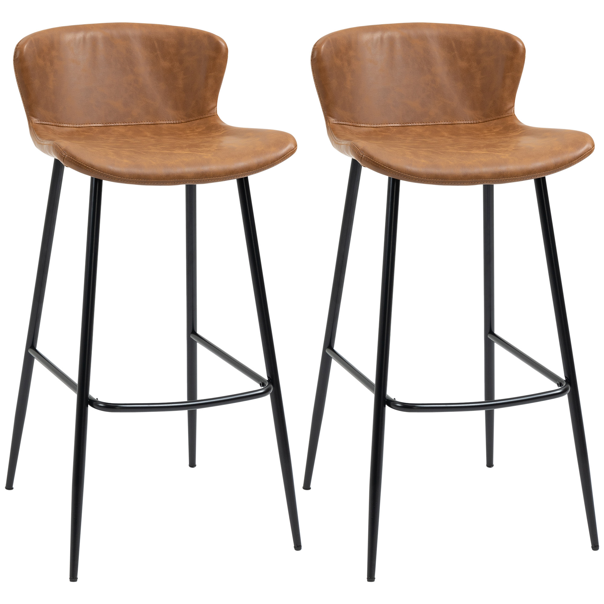 Image of Homcom Set Of 2 Bar Stools With 76 Cm High Pu Leather Seat And Steel Footrest And Vintage Design Backrest - Brown