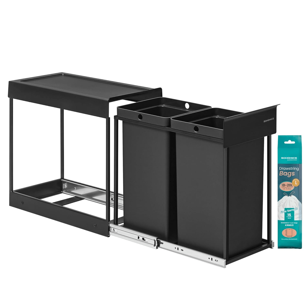 Kitchen Trash Can, Under-cabinet Waste Sorting System, 2 X 15 L, 2-compartment Pull-out Bin, , Abs Lid