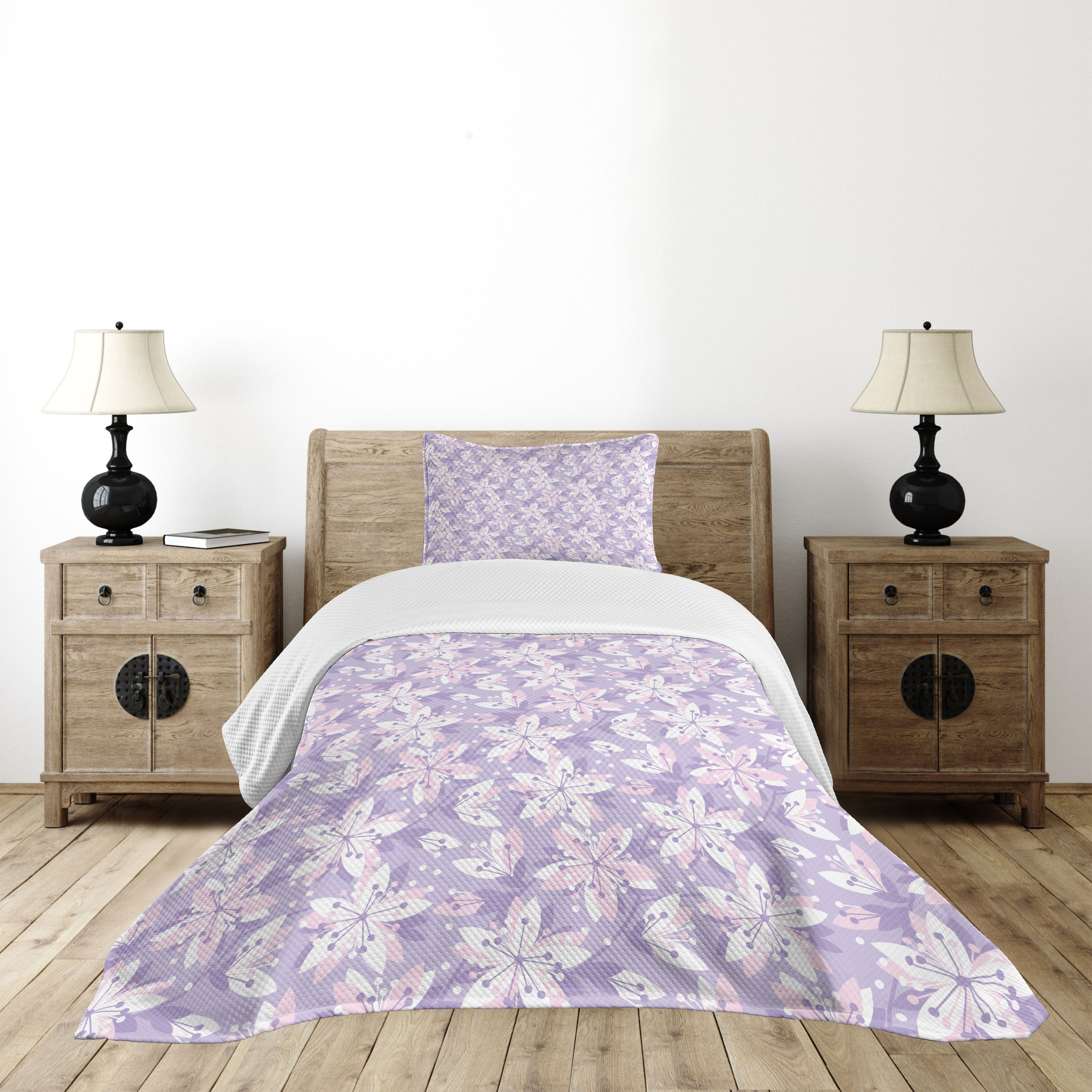 Image of Flowers Day Bed Set, Abstract Spring Flower Motif, Quilted 2pcs Bedspread Set With 1 Pillowcase, For Single Beds 170 X 220 Cm, Pastel Lilac Lavender