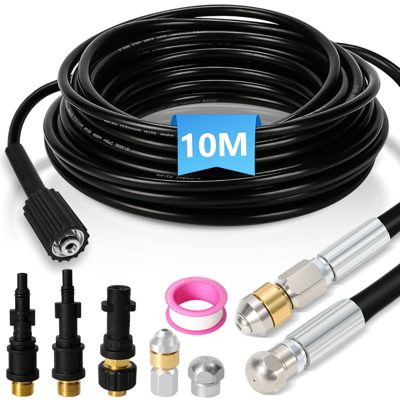 

Pipe Cleaning Hose Set 10m/ 15m/ 20m/ 30m, Drain Cleaning Hose With Fixed And Swivelling Nozzles, 3 Adapters, Suitable For Standard High-pressure Cleaners, Universal Pipe Cleaning Set