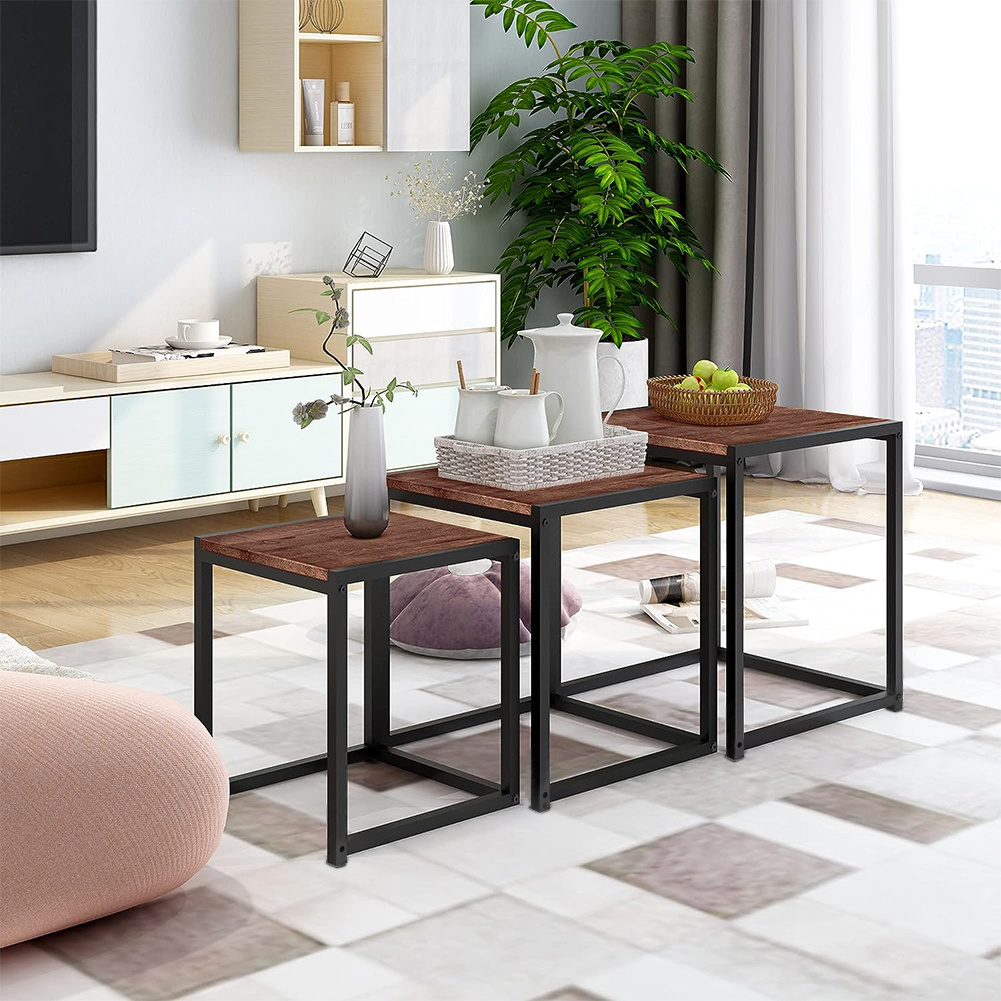 TEMU Set Of 3 Nesting Tables, Industrial Style Stackable Side Tables With Rustic Brown Wooden Tops & Black Metal Frames, Space-saving Nesting End