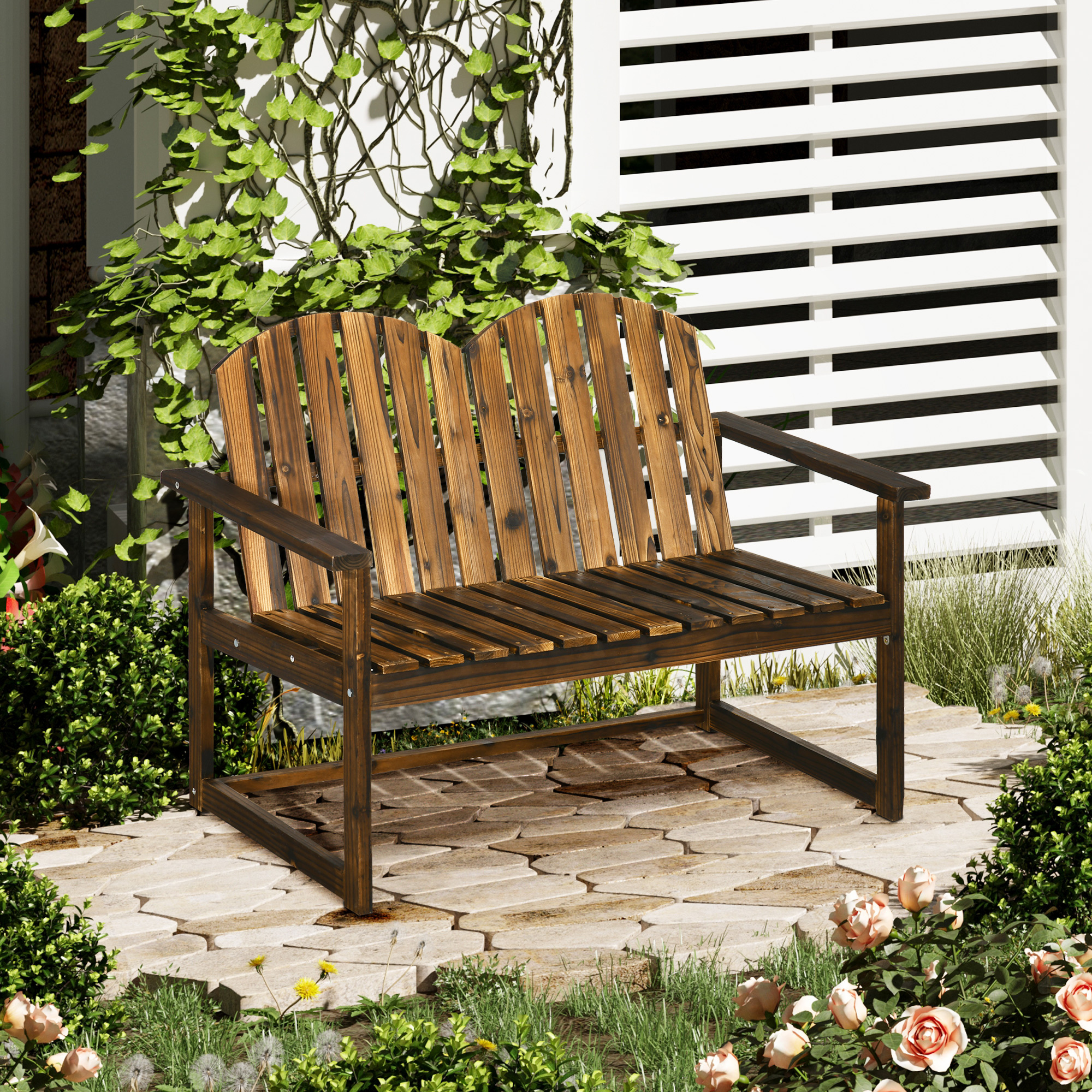 Image of Garden Bench, 2-seater Bench, Wooden Bench With Backrest, Armrest, Park Bench, Load Capacity Up To 240 Kg, For Garden, Balcony, Charred, 114 X 86 Cm