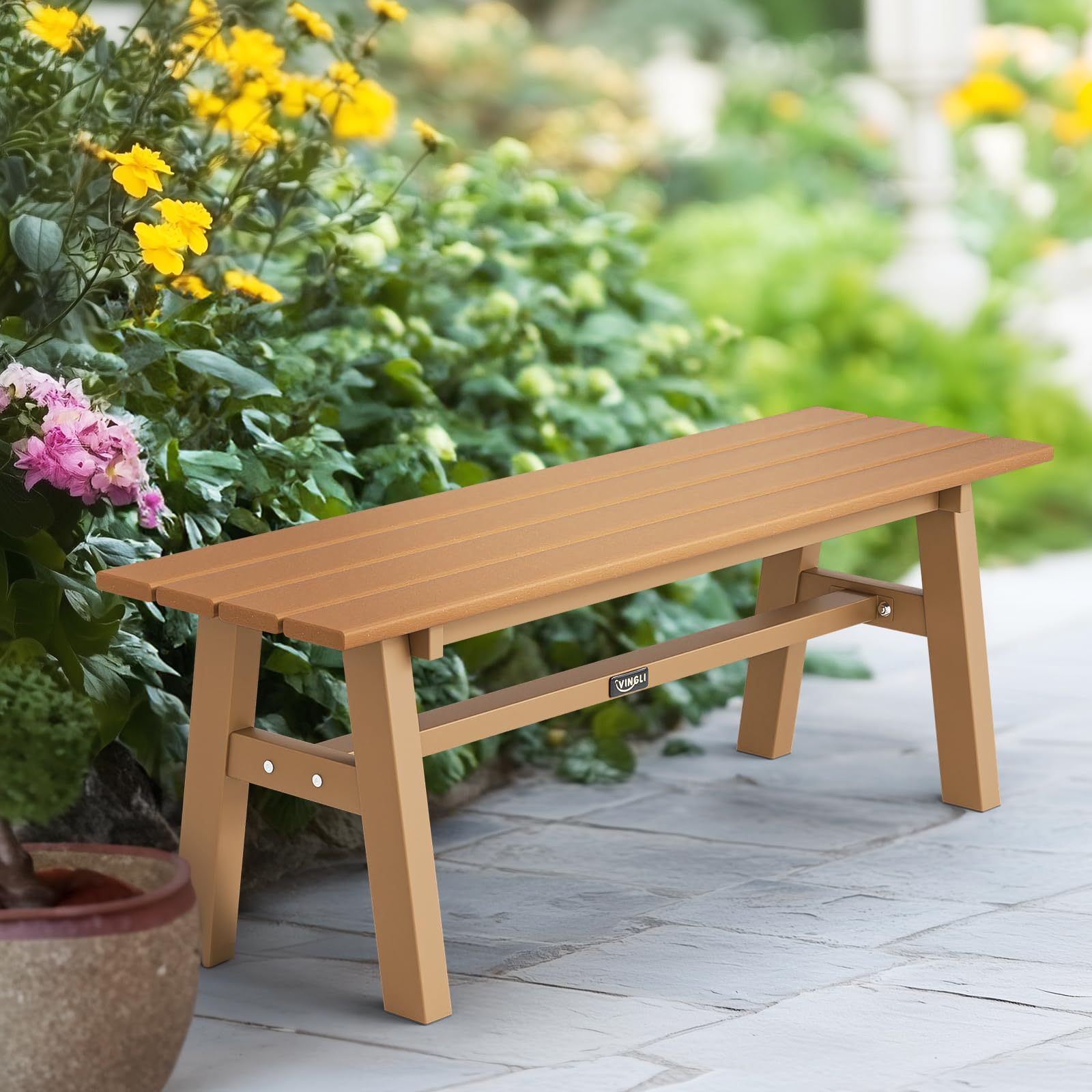 Bonnlo Hdpe Bench, Weather-resistant Garden Bench With Metal Legs, Dining Bench Without Backrest, Garden Furniture Supports Up To 300kg, Modern Bench For Garden, Hallway, Dining Room, 118cm (brown)