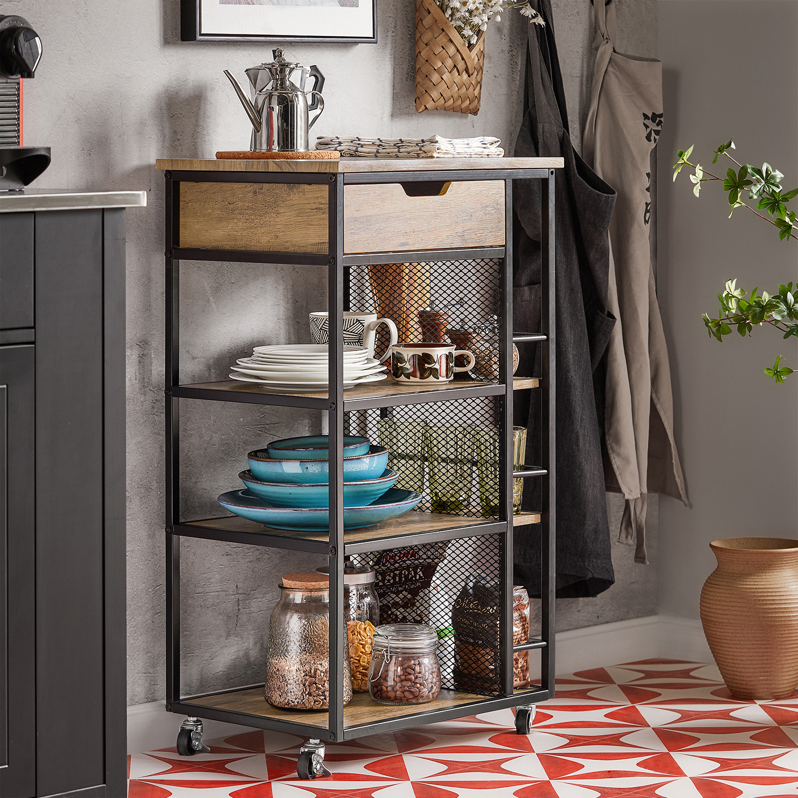 Chariot de Service avec 6 Étagères et 1 Tiroir, Table d'Appoint, Chariot, Chariot à Thé, Chariot de Bar, Chariot de Cuisine, Chariot de Cuisine, Étagère de Cuisine avec Roulettes BHT Approx.: 50X87X37Cm FKW99-N