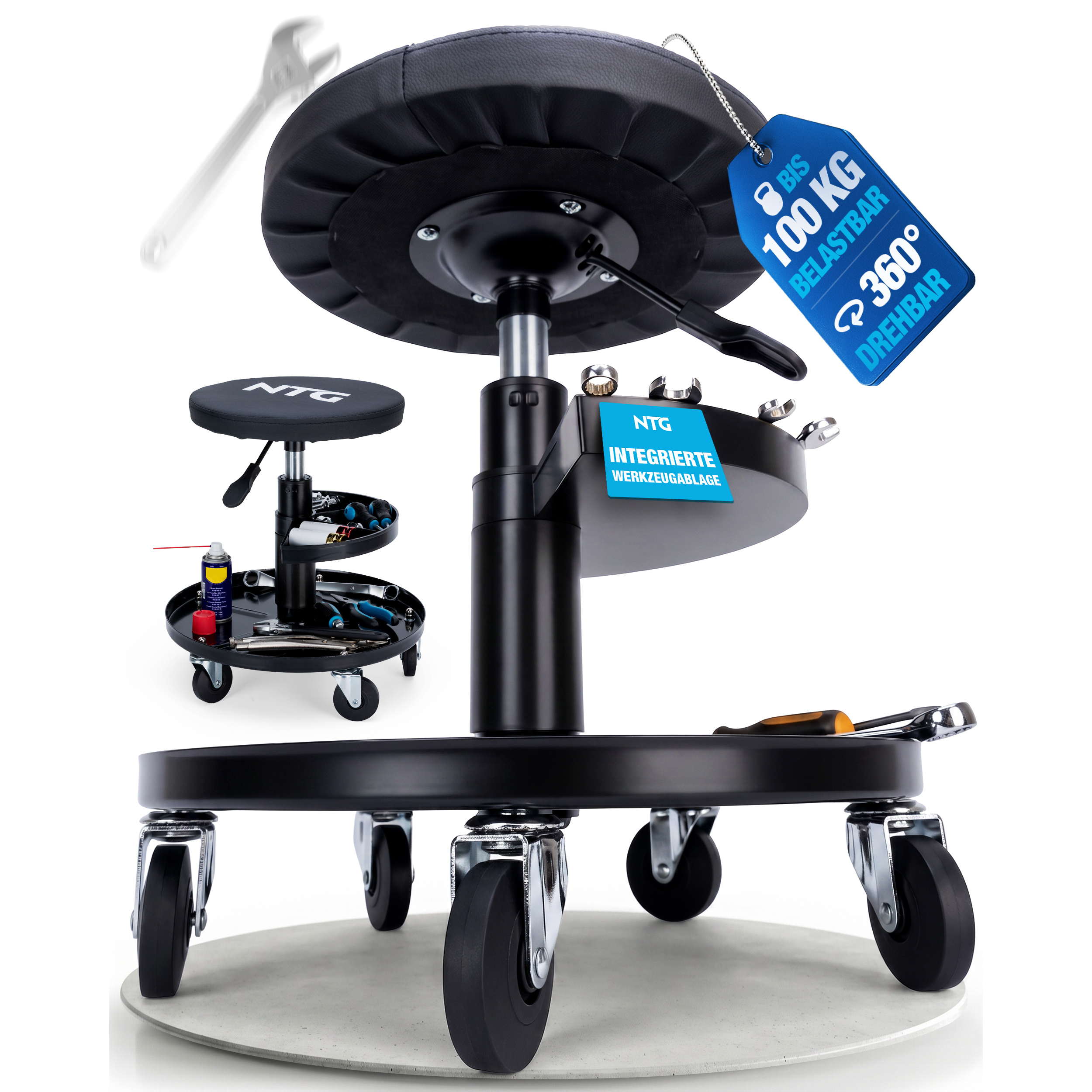 Workshop Stool With Wheels, Supports Up To 100kg – Work Stool With Tool Storage Ntg