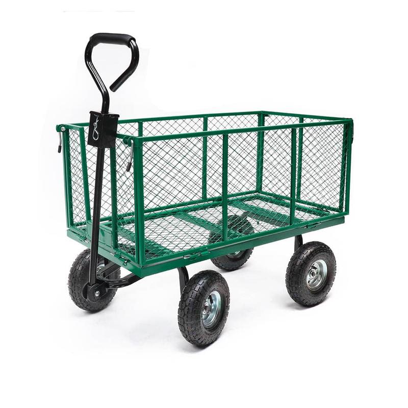 TEMU Chariot de jardin métal pliable XXL 300 kg - Remorque 200 L en acier vert - Transport de charges lourdes, bois, terre, gravats - 4 roues Ø 27 cm