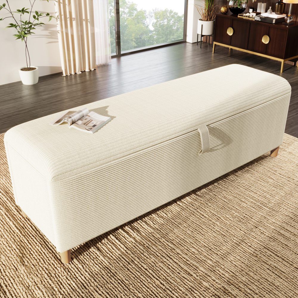 Image of Bench With Storage, 145 X 38 Cm Bench, Upholstered Bench With Hydraulic Storage, Storage Box, Suitable For Bedroom, Living Room, And Hallway, Beige Cord Look