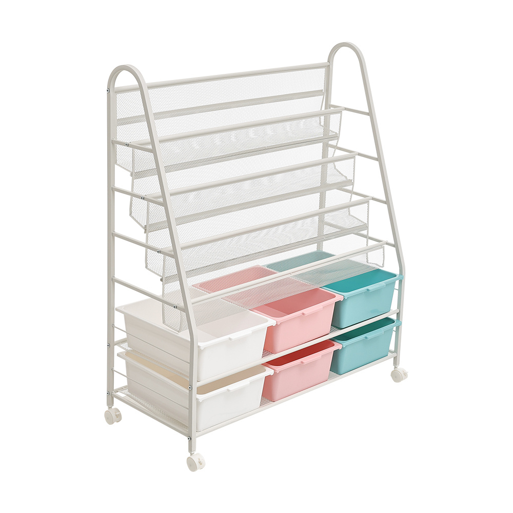 6-Tier Mobile Bookshelf with Wheels and 6 Storage Boxes