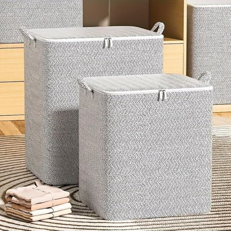 set of 3pcs   bins with lids handles large capacity 110 140 180l collapsible stackable organizers for closet bedroom bathroom office linen textured durable space saving store clothes towels toiletries details 1