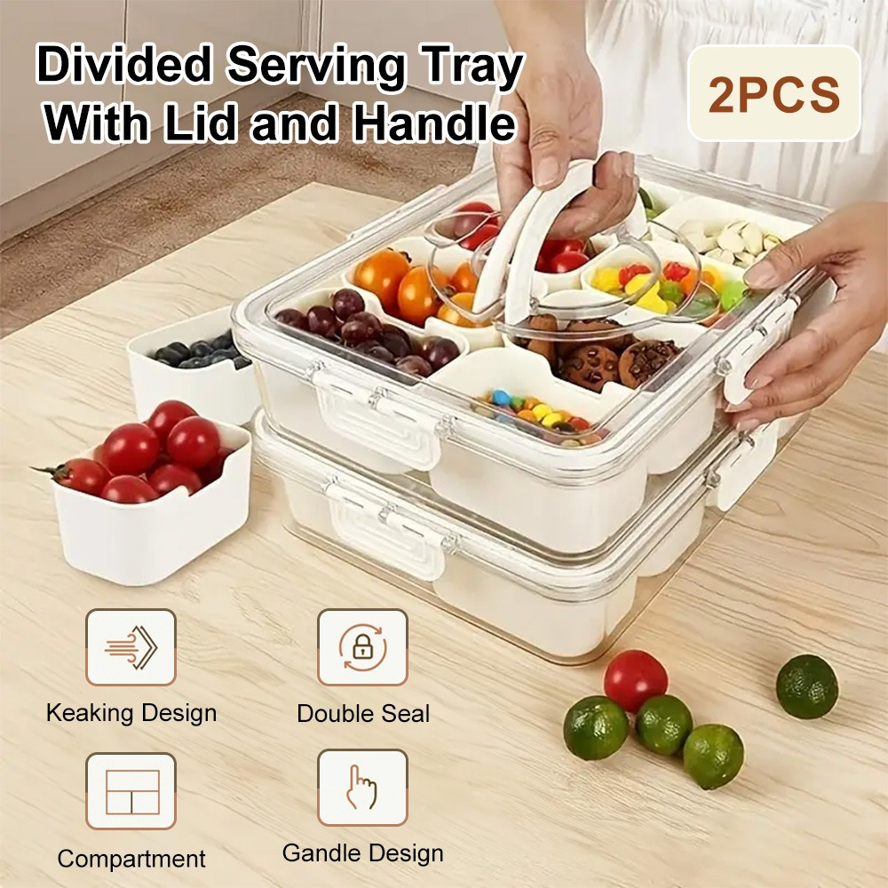 2pack Box With Handle For Food Serving Tray Snack Platter With Lids Stackable Fruit&veggie Container With 8 Small Removable Boxes For Snack Charcuterie Candy Nuts Spice