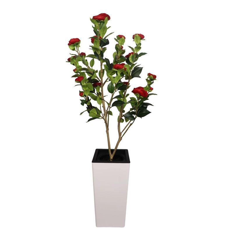 Image of Lifelike Artificial Camellia Tree In Planter, Real Touch Plant For Home Office Indoor Outdoor Decor, Full Leaves 120cm Tall