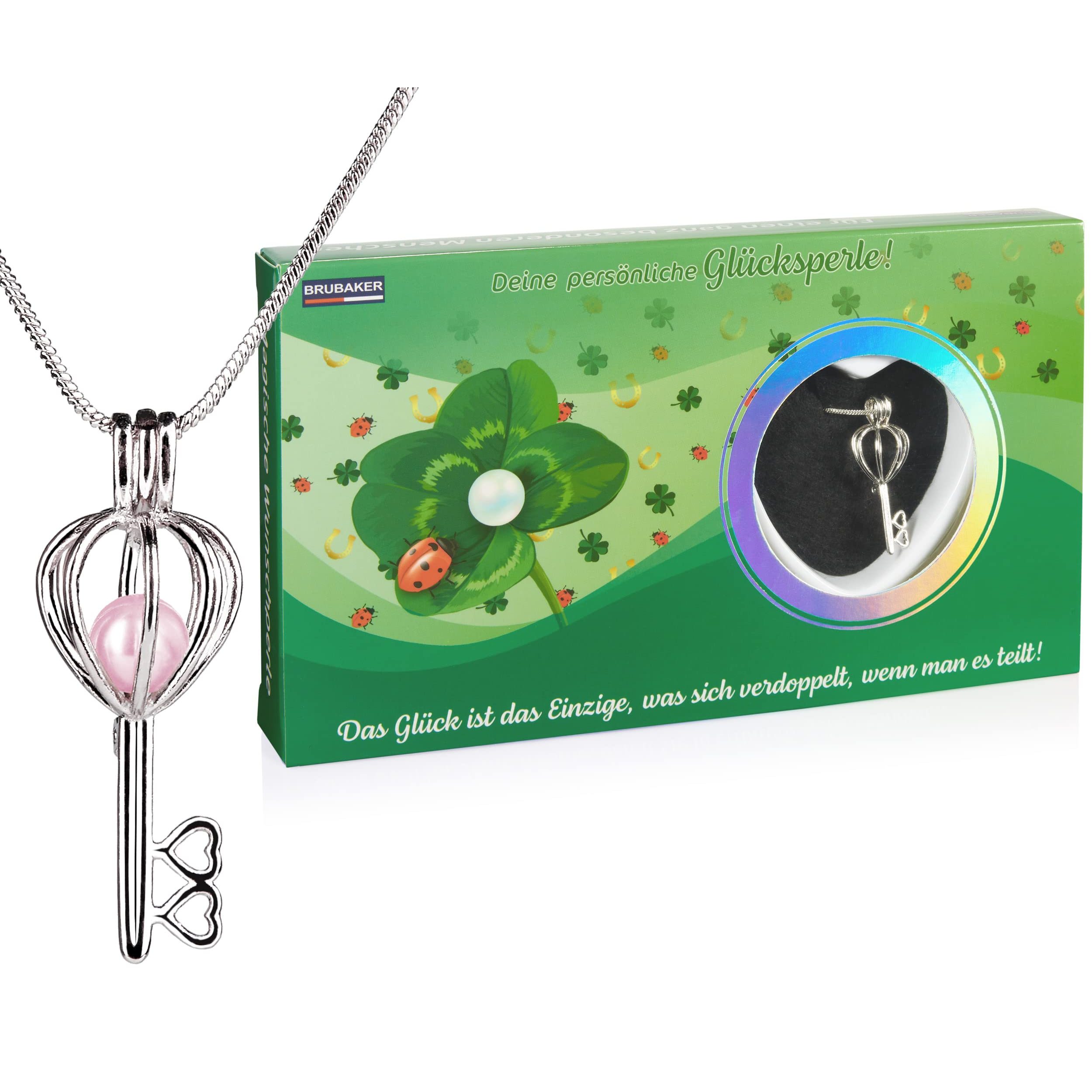 Image of Brubaker Wish Pearl Luck - Necklace With Silver-colored Key Pendant + Shell With Real Pearl As Jewelry Gift Set For - Green With