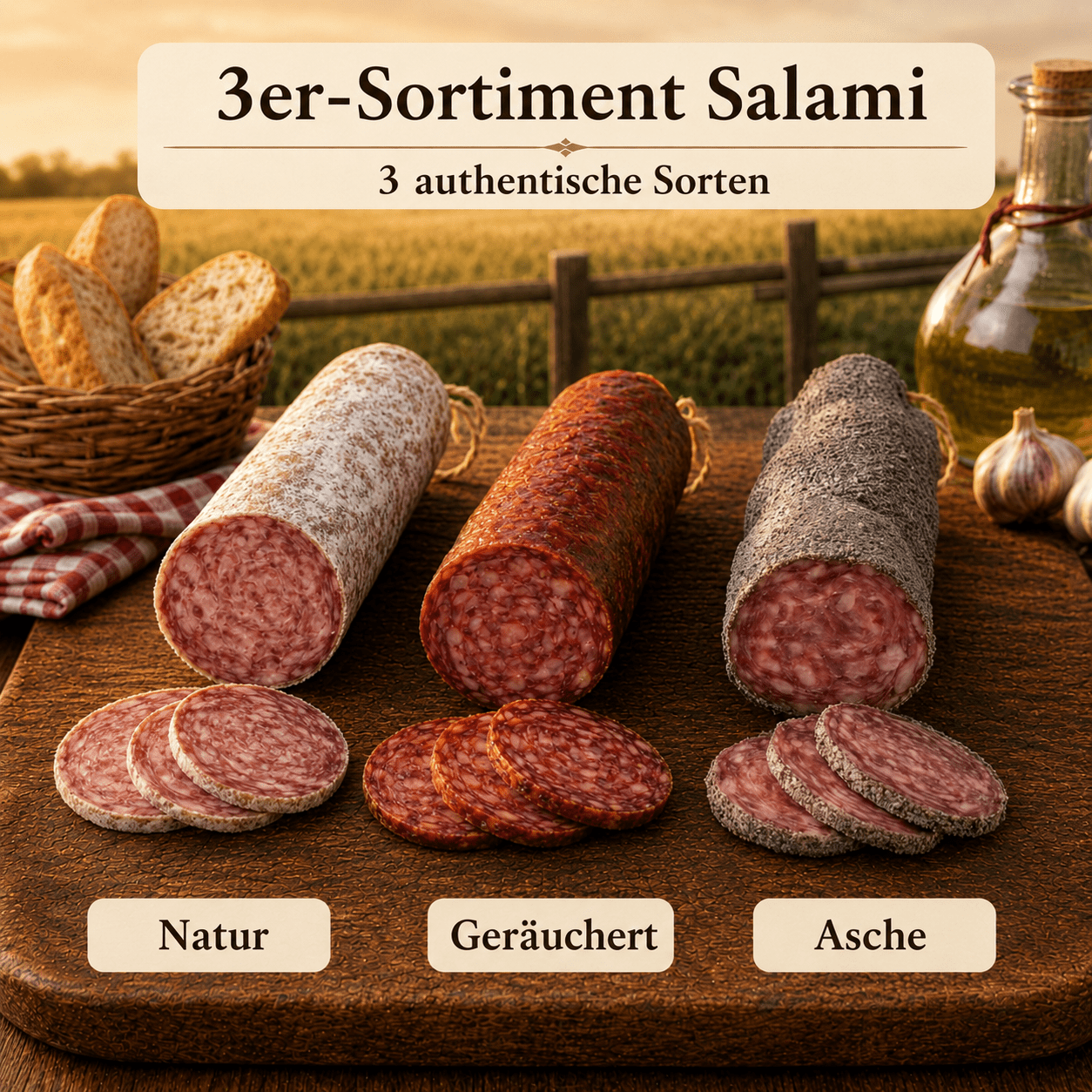 Image of 3-piece Salami Assortment - Flavors: Natural, Smoked, And Ash ◈ 100% French Salami ◈ Natural Casings And Hand-tied ◈ Artisanal Craftsmanship By Chillet House Since 1902