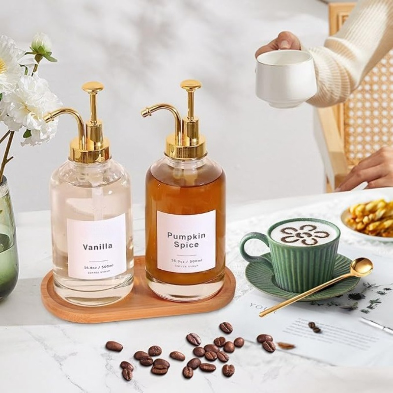 TEMU Glass Coffee Syrup Dispenser, Press-type Liquid Dispenser 2pcs Set, Glass Honey Pot Honey Jar Shampoo And Conditioner Dispenser, 500ml, Gold