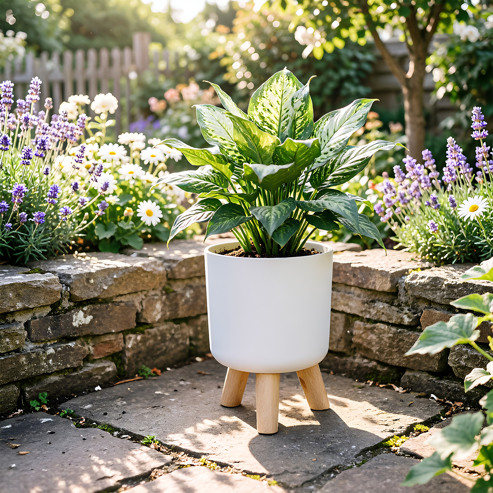 TEMU 1pc White Minimalist Planter With Solid Wood Tripod, Bedroom Living Room Floor Standing Potted Flower Pot, Plant Stand Display Rack Planter With