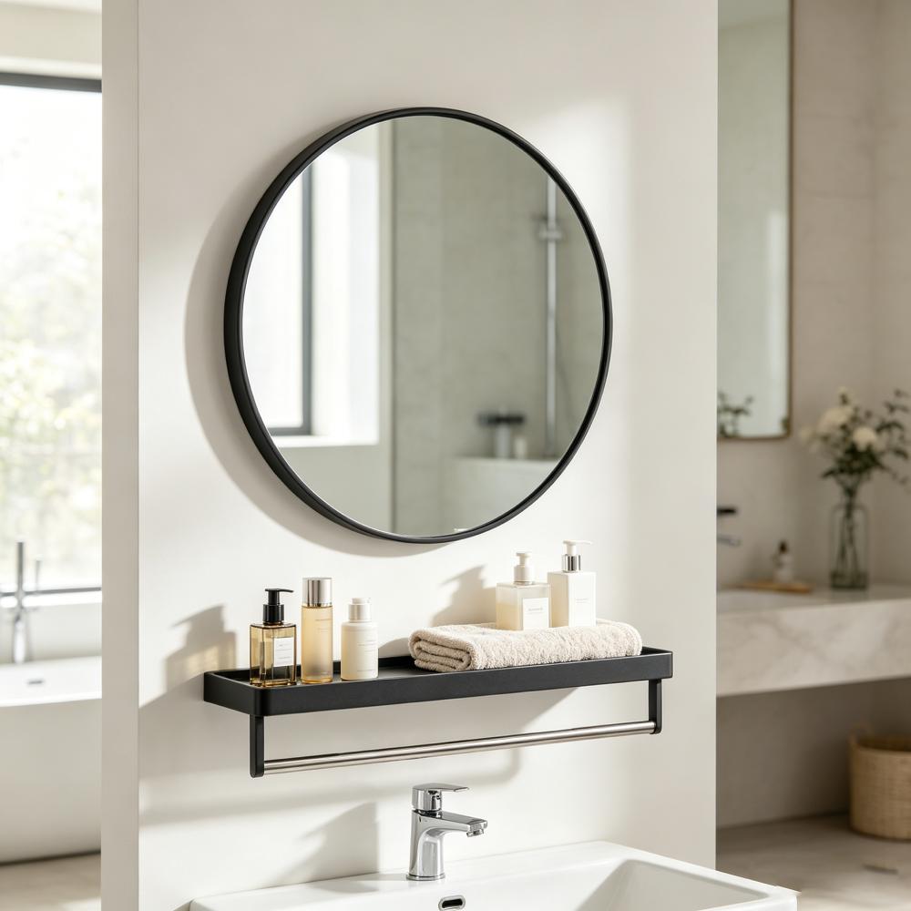 TEMU 1pc Round Wall Mirror + 1pc Wall Shelf Set, Circular Bathroom Mirror With Matching Shelf & Towel Bar, Black Framed Wall-mounted Set For