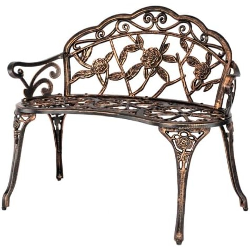 TEMU Bonnlo Banc Exterieur Jardin en Aluminium Moulé|Style Vintage avec Motif de Roses|Banquette, de Jardin Robuste pour Terrasse, Balcon et