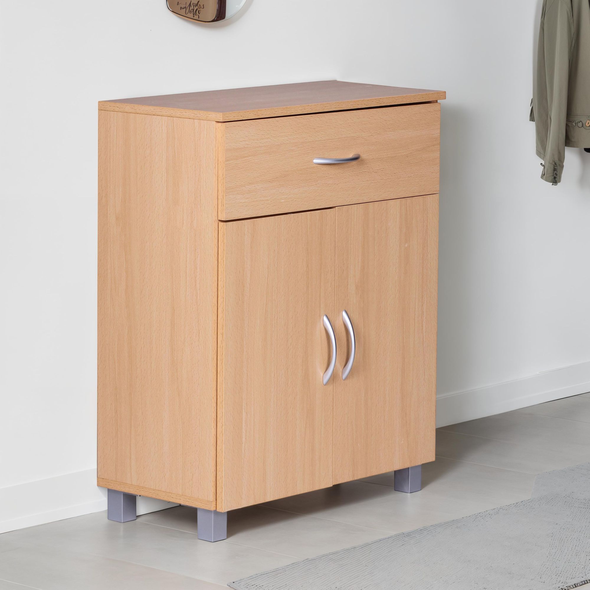 Image of Shoe Cabinet With Drawer And 2 Doors, 60×75×30 Cm, Look, Space- Shoe Dresser Made Of Melamine-coated Particle Board, Modern Hallway Furniture Shoe Rack