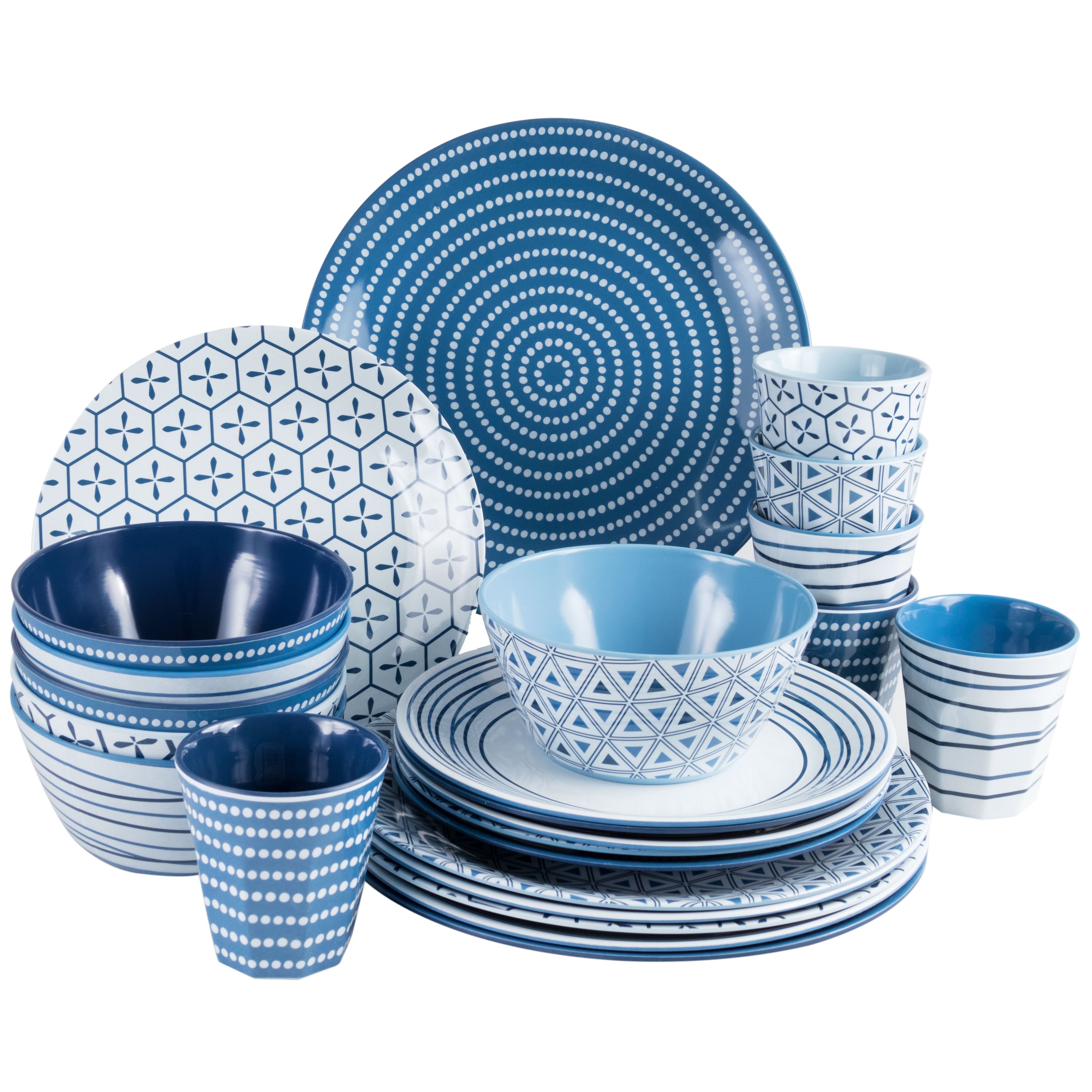 Melamine Dinnerware Set For 6 People, 24 Pieces - Blue And White - Camping Tableware Set