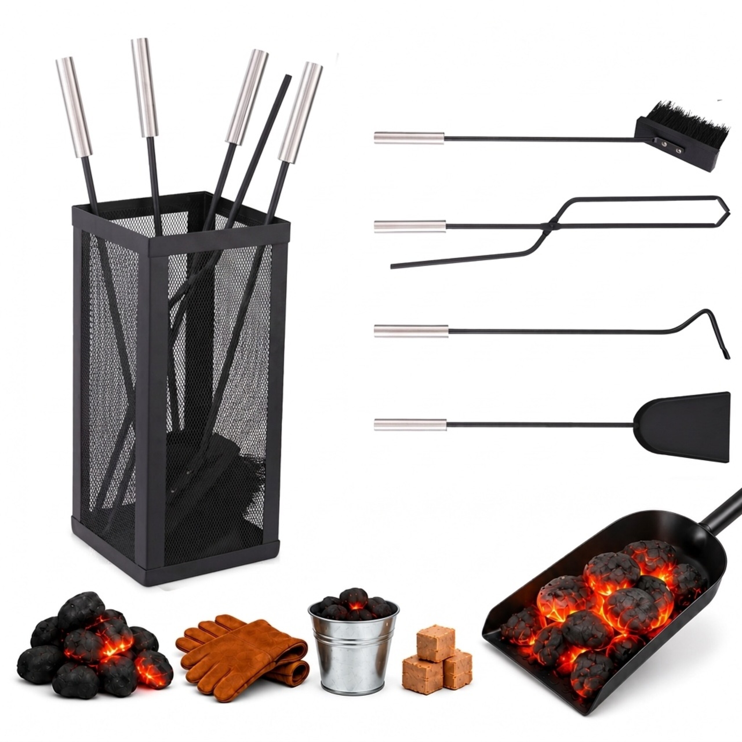 TEMU Fireplace Tools, 5pcs Set, With Stand, Iron And Stainless Steel Handles, Black And Silvery, Stand 35 X 16 X 16 Cm, Tools 53 Cm, For Fireplace,