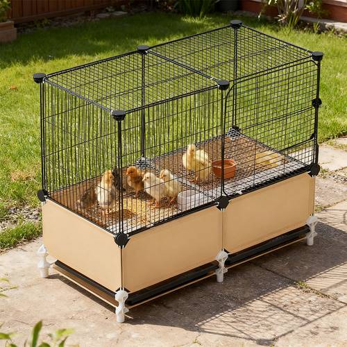 metal chicken coop with wheels and cleaning tray for laying and mobility for small poultry