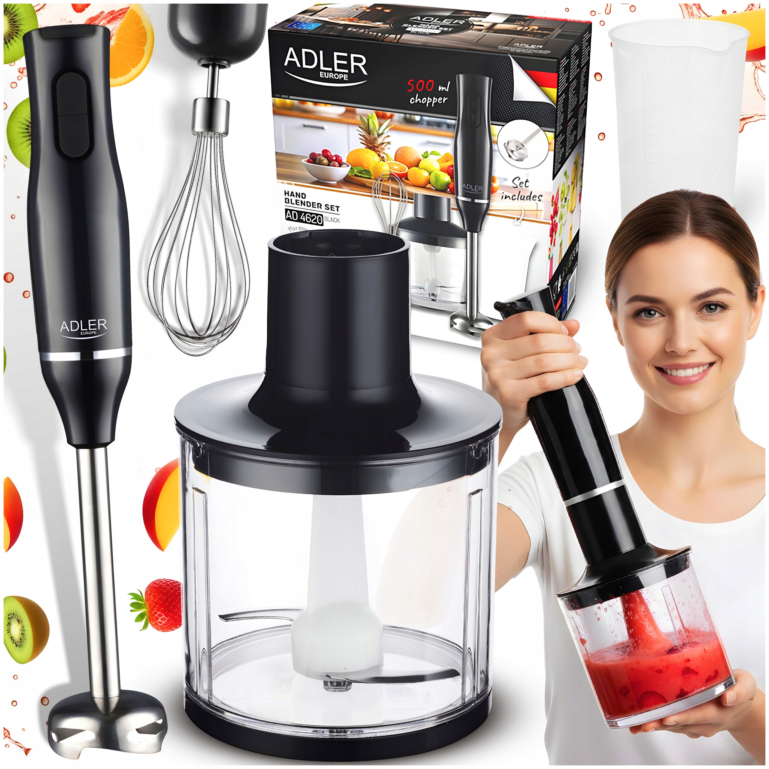 blender ręczny 4w1 800 w – stal nierdzewna, czarny, rozdrabniacz 500 ml, kubek 700 ml z miarką, ubijaczka, 2 prędkości i tryb turbo, przewód 1 m – do zup kremów, sosów, smoothie, orzechów i ziół