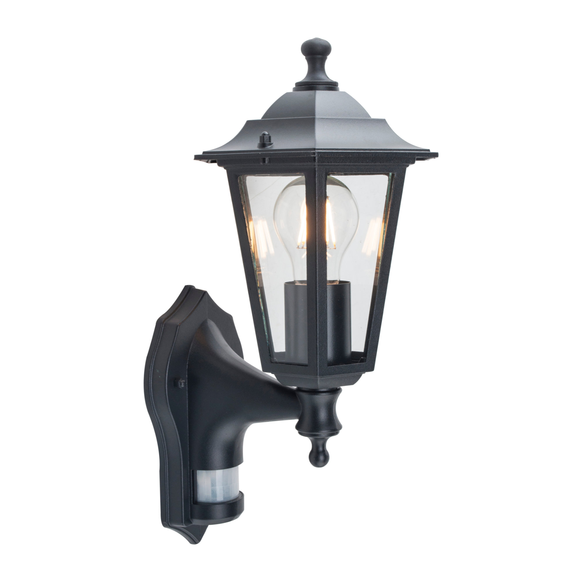 TEMU Garden Porch Security Wall Light, Pir Motion Sensor Activated, Black 6 Sided Glass Lantern, Rated Waterproof, Led Compatible